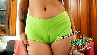 Young Latina With Natural Curves Flaunts Her Big Ass And Cameltoe In Spandex Shorts