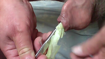 Amateur Guy Pleasures Himself With A Combination Of Spring Onion And Scissors